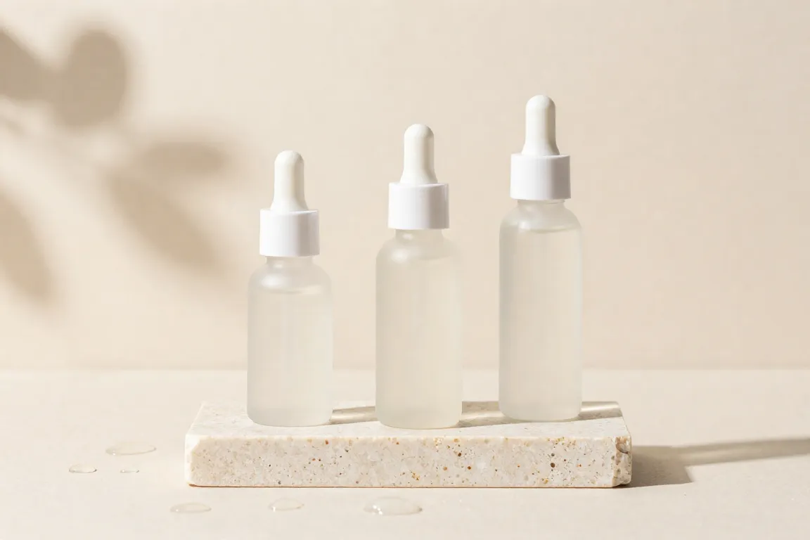 Three minimalist glass chemical exfoliant dropper bottles displayed on a travertine stone block.