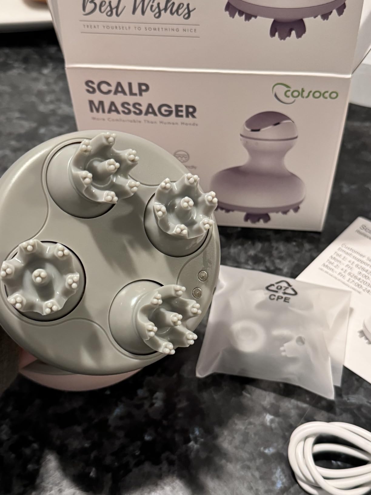 cotsoco Electric Scalp Head & Back Massager, Cordless Hair Massage Waterproof Head Massager with 4 Heads 84 Nodes for Hair Growth, Stress Relief & Deep Clean, Gifts for Men Women, White customer photo 1