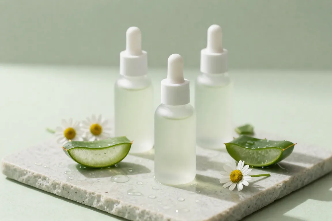 Gentle AHA and BHA chemical exfoliant bottles displayed with soothing aloe vera for sensitive skin.