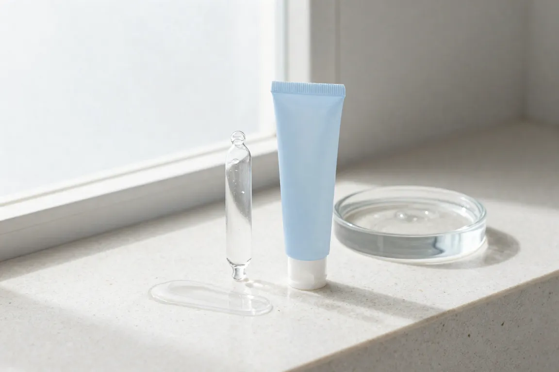 Clean skincare adapalene gel tubes displayed on a stone surface for adult acne treatment.