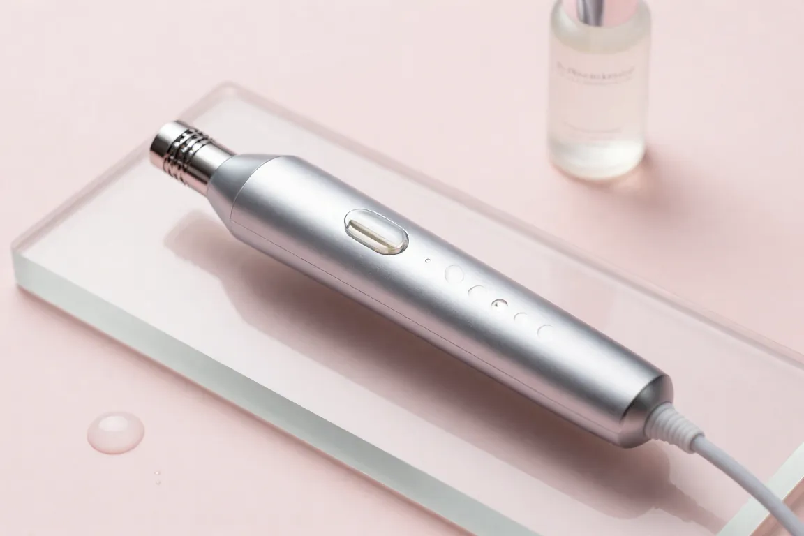 Sleek at-home microneedling pen device resting beside a serum bottle on a frosted tray.