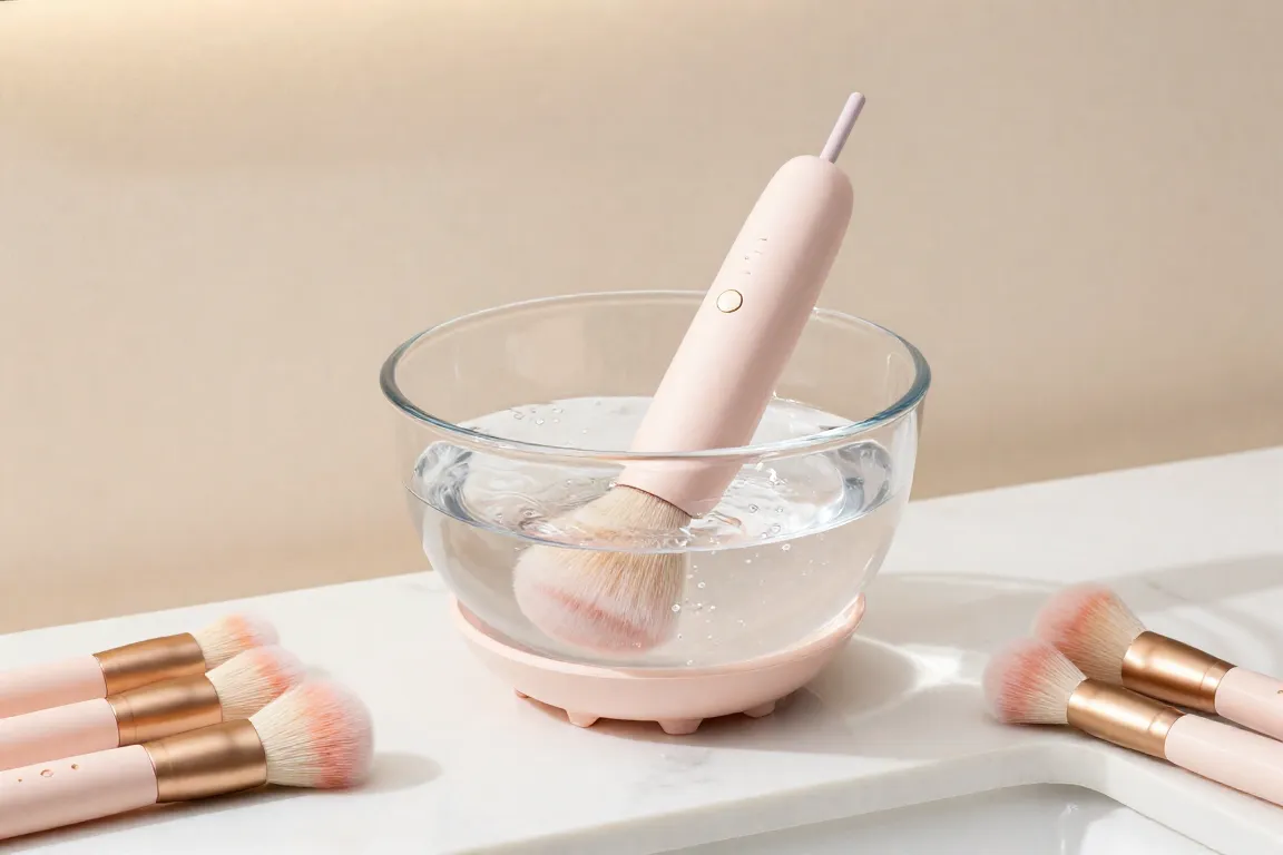 An electric automatic makeup brush cleaner spinning a brush in water on a marble vanity.