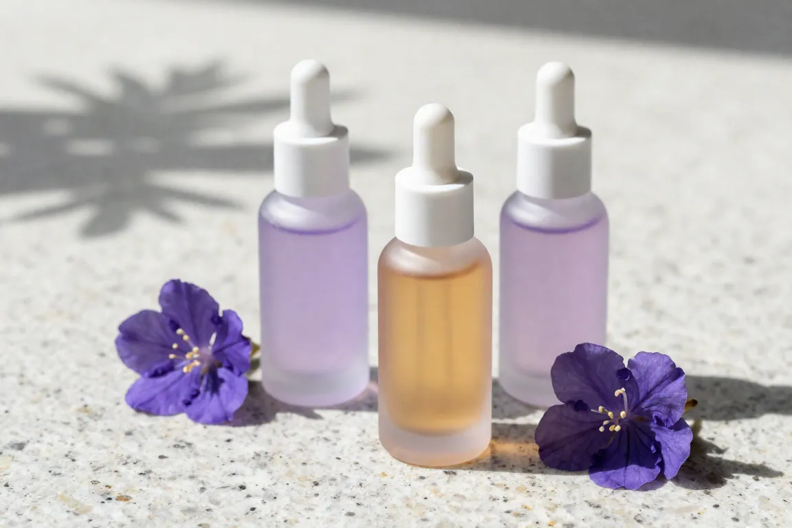 Clean beauty bakuchiol serum glass dropper bottle next to purple babchi flowers on stone.