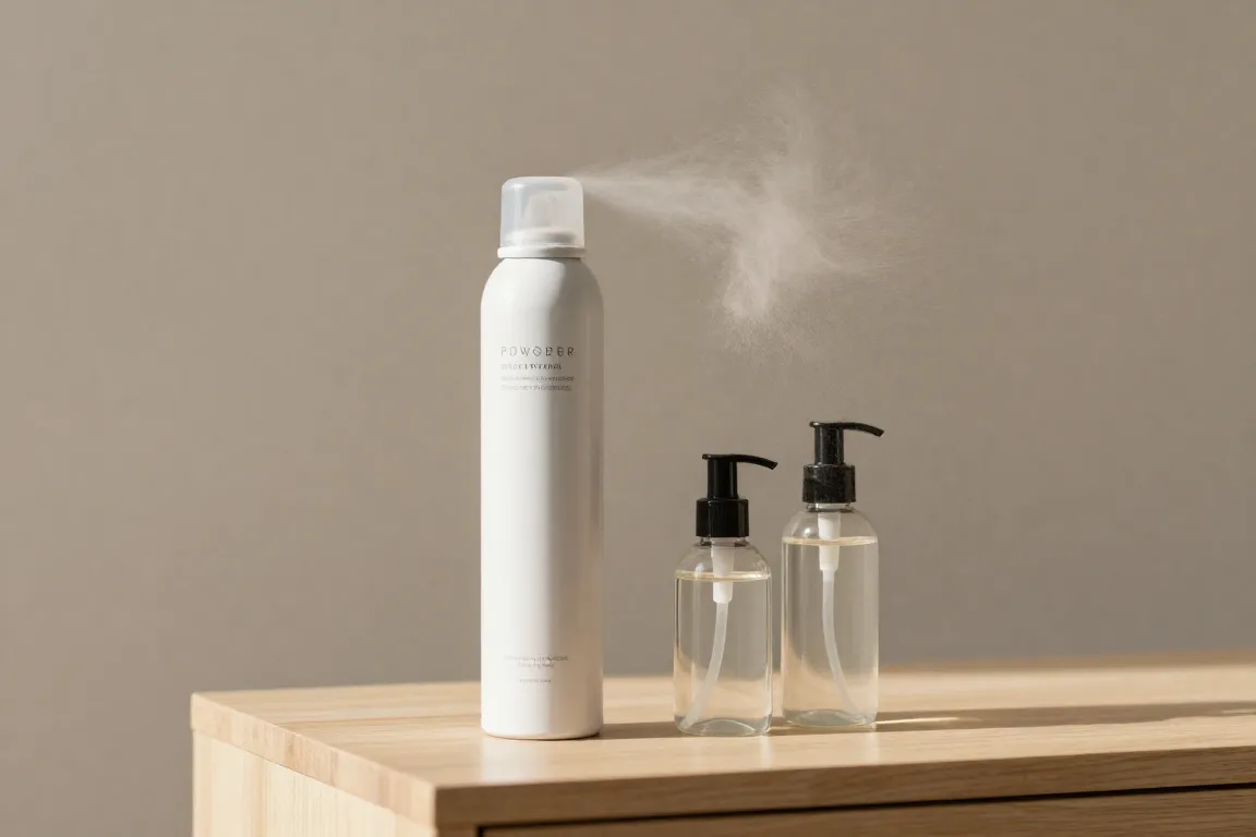 Benzene-free clean dry shampoo bottles displayed on a minimalist light wood bathroom vanity.