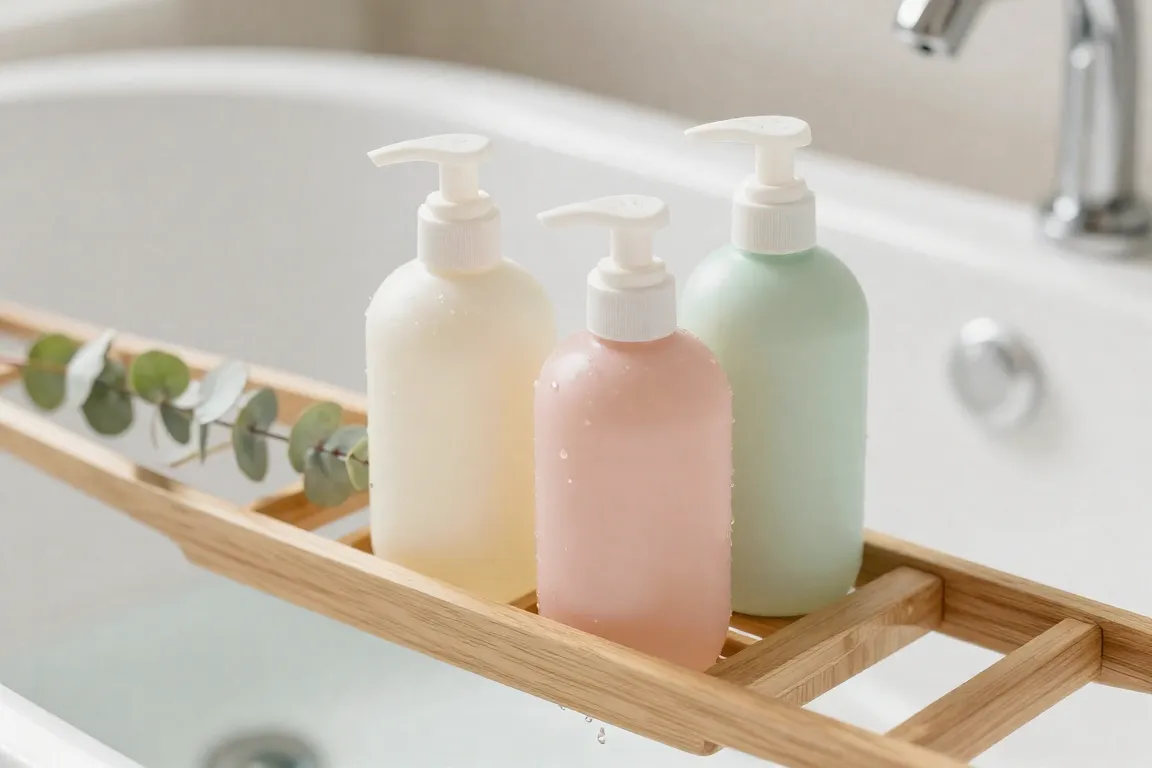 Exfoliating clean body wash bottles on a wooden bathtub tray for treating strawberry legs.