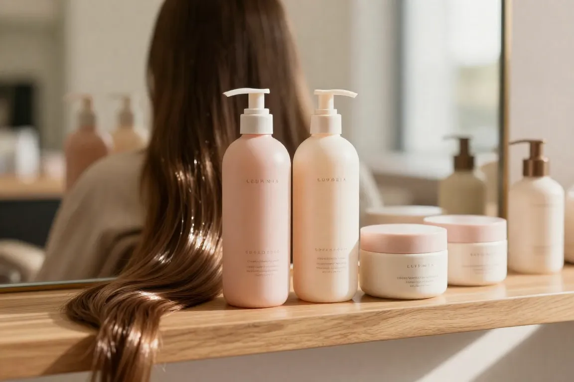 Clean bond-building hair repair treatments and masks displayed on a sunlit salon shelf.