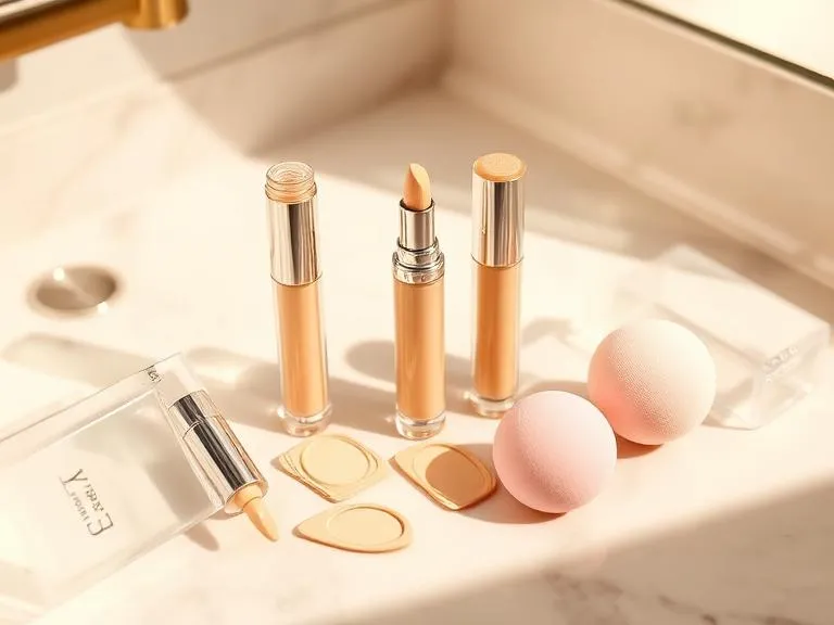 Creamy clean beauty concealers and makeup applicators arranged on a marble vanity surface.