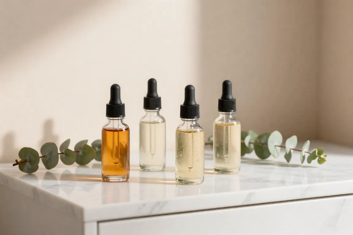 Bottles of clean beauty liquid foundation for acne-prone skin displayed on a marble vanity.