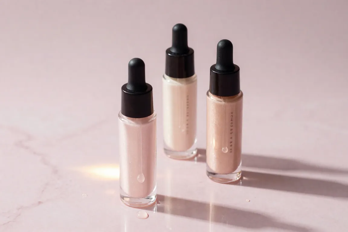 Glass bottles of clean liquid highlighter with pearlescent drops on a marble surface for a glass skin glow.