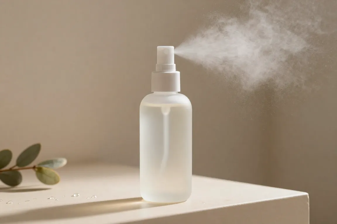Fine mist spraying from a luxury clean beauty setting spray bottle on a sunlit vanity surface.