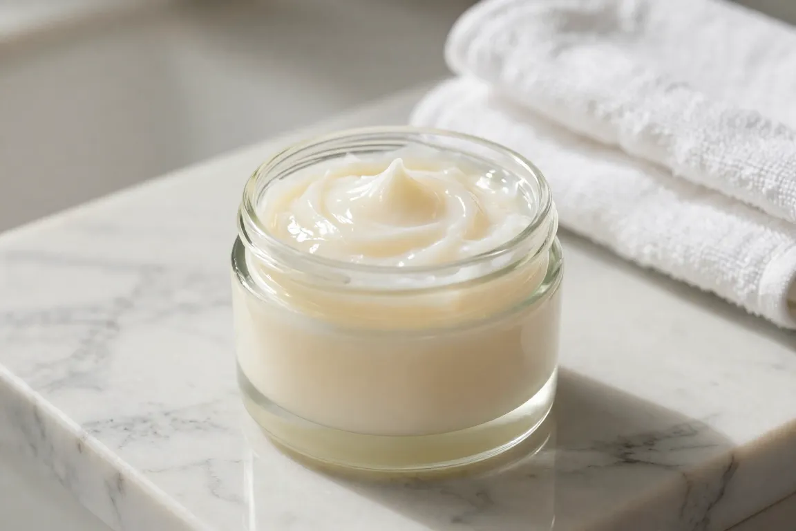 Open jar of luxurious cleansing balm on a marble vanity for melting away waterproof mascara.