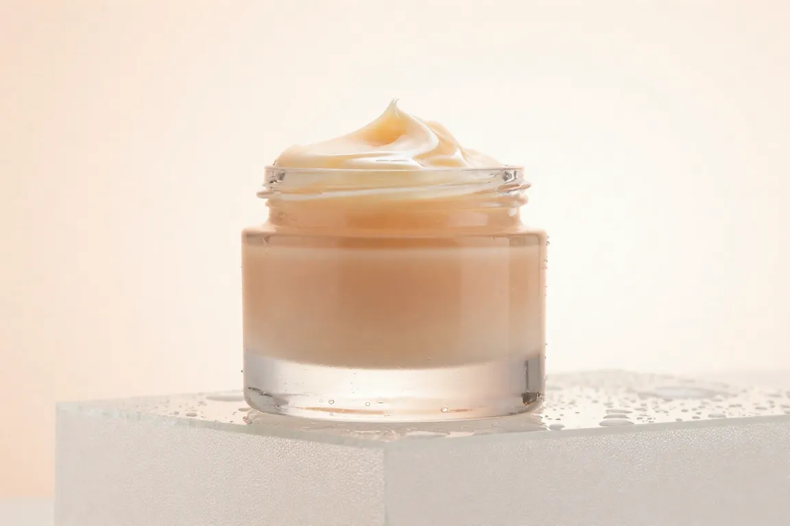 Open jar of clean cleansing balm for removing waterproof makeup on a fresh wet surface.