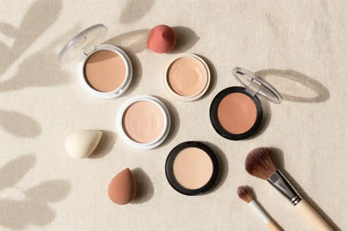 Flat lay of peach and green color correctors with makeup sponges for hiding dark circles and redness.