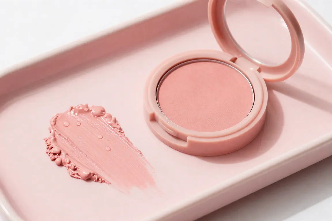 Swatches and compact pots of clean cream blush displayed on a pink ceramic tray for a dewy glow.