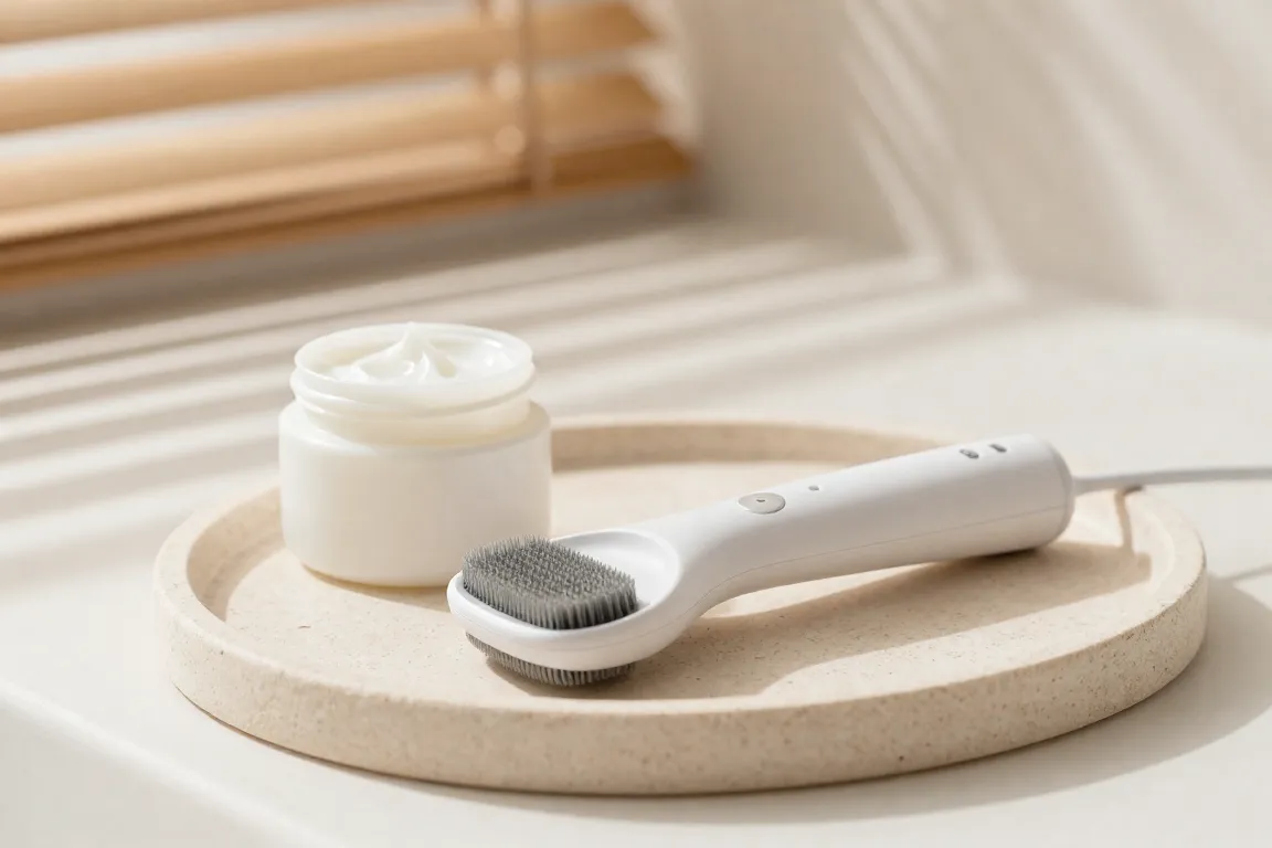 Sleek electric foot callus remover device and nourishing foot cream displayed in a spa setting.