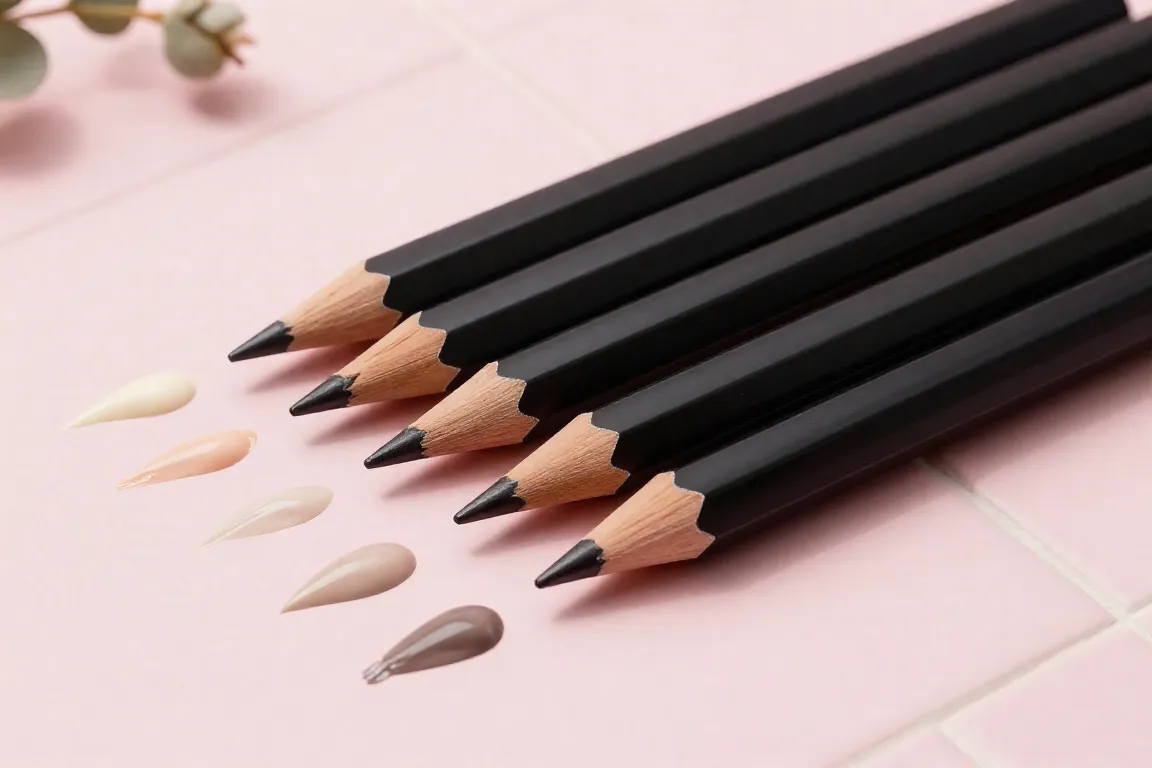 A selection of hypoallergenic eyeliner pencils for sensitive eyes arranged on a ceramic surface with color swatches.