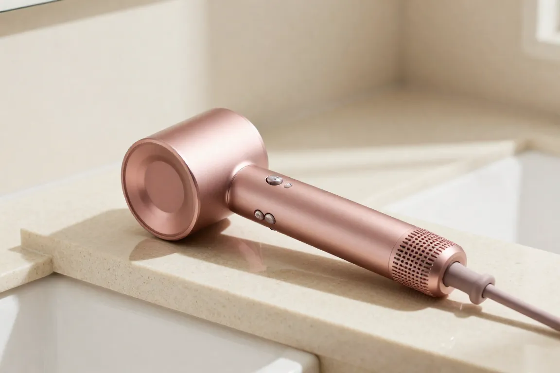 Volumizing hair dryer brush for fine delicate hair displayed on a luxury vanity counter.