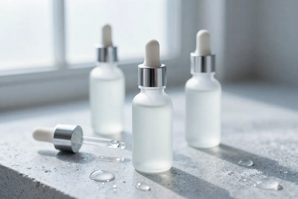 Frosted glass hyaluronic acid serum bottle with water droplets on a cool stone surface for winter hydration.