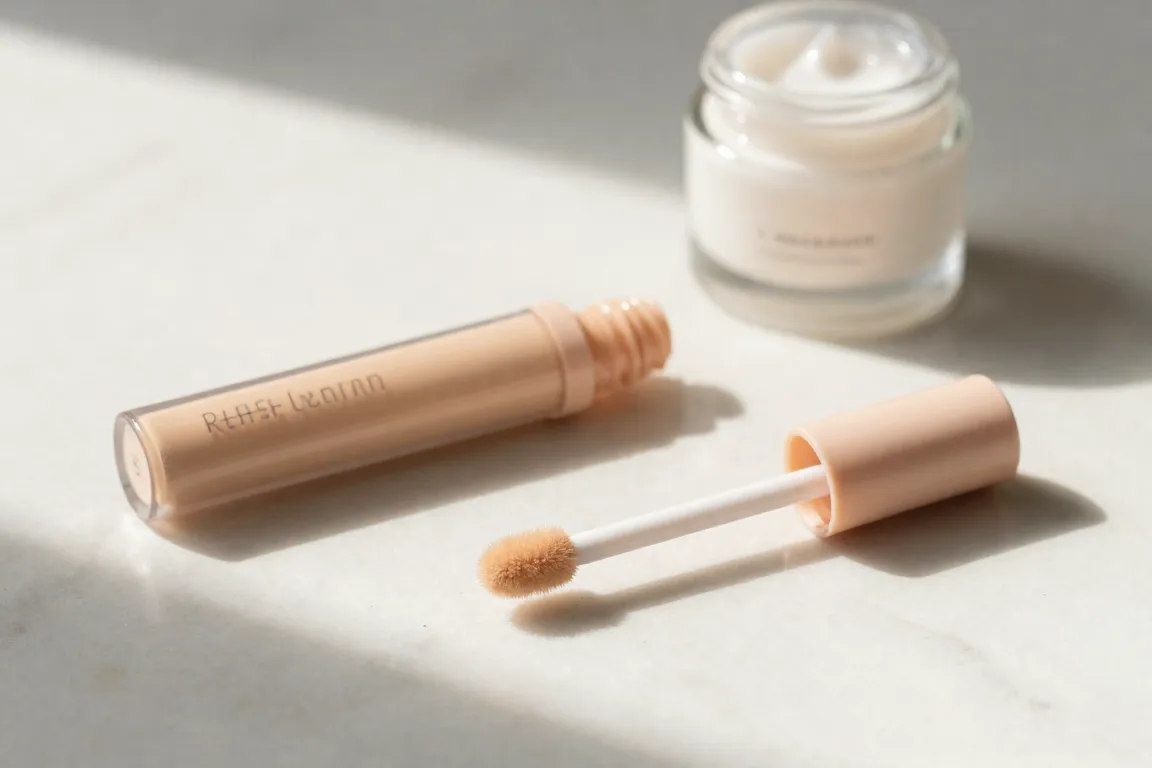 Hydrating concealers for mature skin displayed on a clean marble vanity.