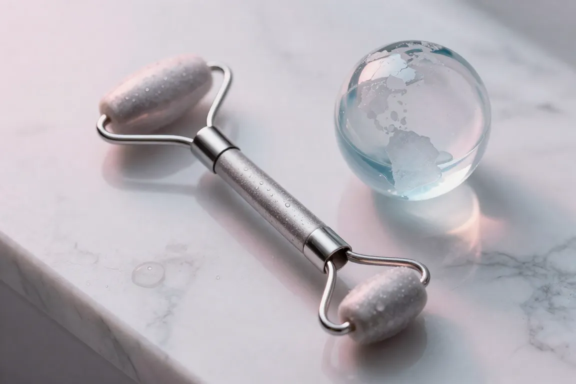 Chilled stainless steel ice roller and glass cryotherapy wands with condensation on marble.