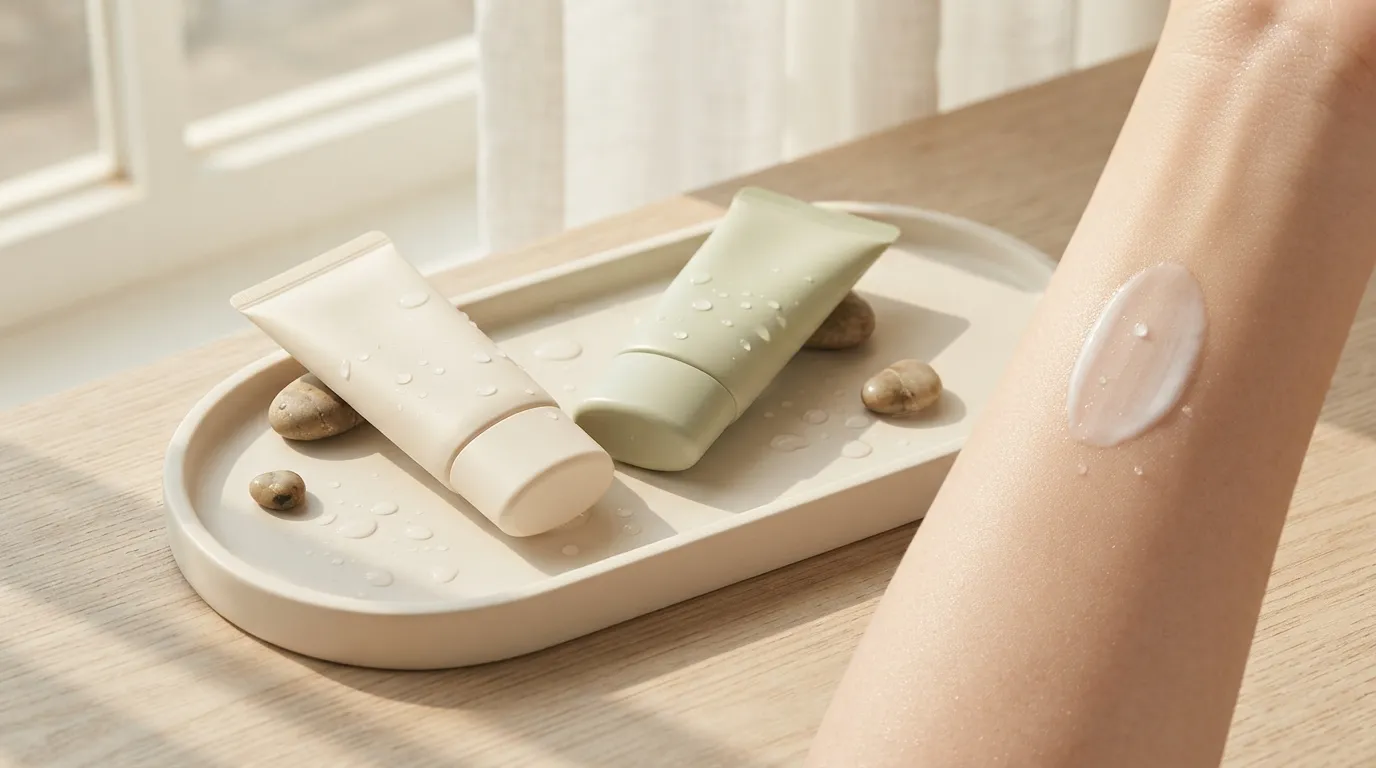 Korean mineral sunscreen tubes and light lotion texture displayed on a clean ceramic tray.