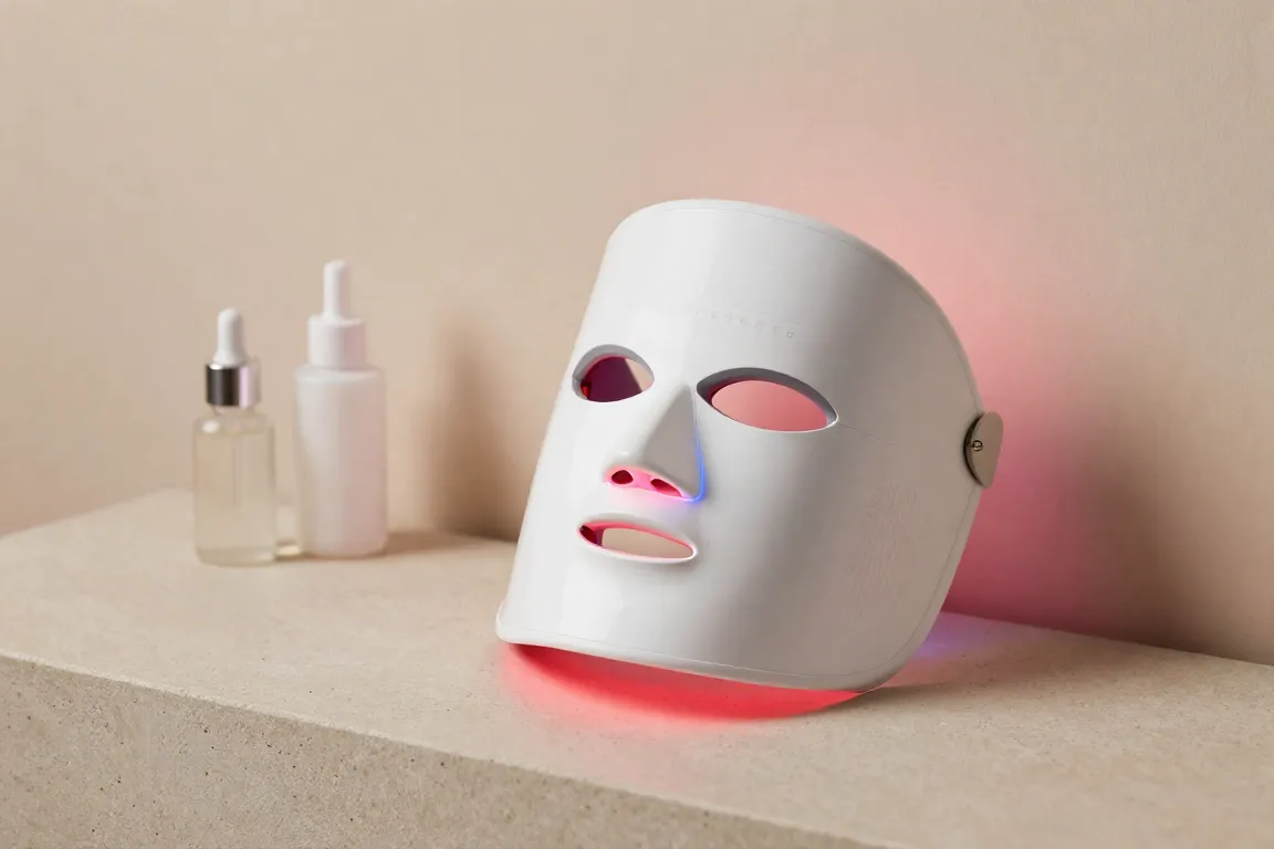 Sleek white LED face mask glowing with red light therapy for anti-aging and acne treatment.