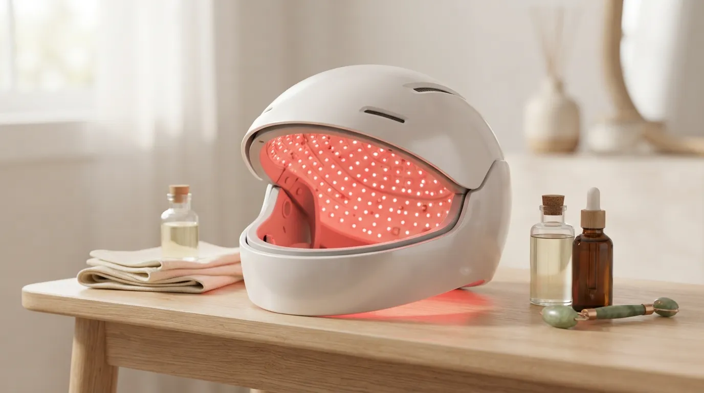 Red light therapy laser hair growth helmet resting on a modern wooden vanity table.