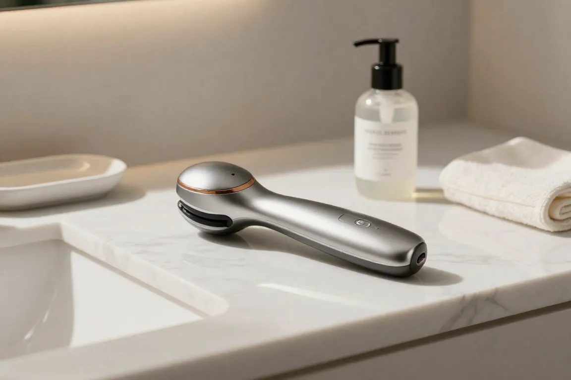 At-home microcurrent facial toning device resting on a marble vanity with gel.