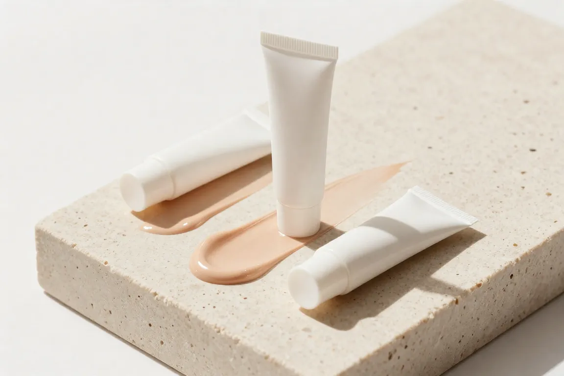 Swatches of mineral SPF BB creams arranged next to cream tubes on travertine stone.