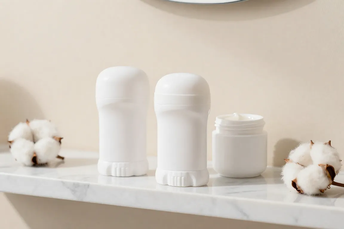 Aluminum-free natural deodorants for women displayed on a marble bathroom vanity shelf.
