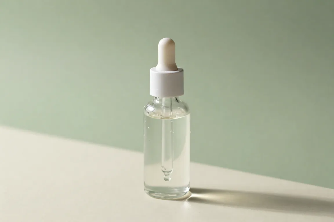 Niacinamide serum bottles for enlarged pores displayed on a minimalist ceramic bathroom vanity.