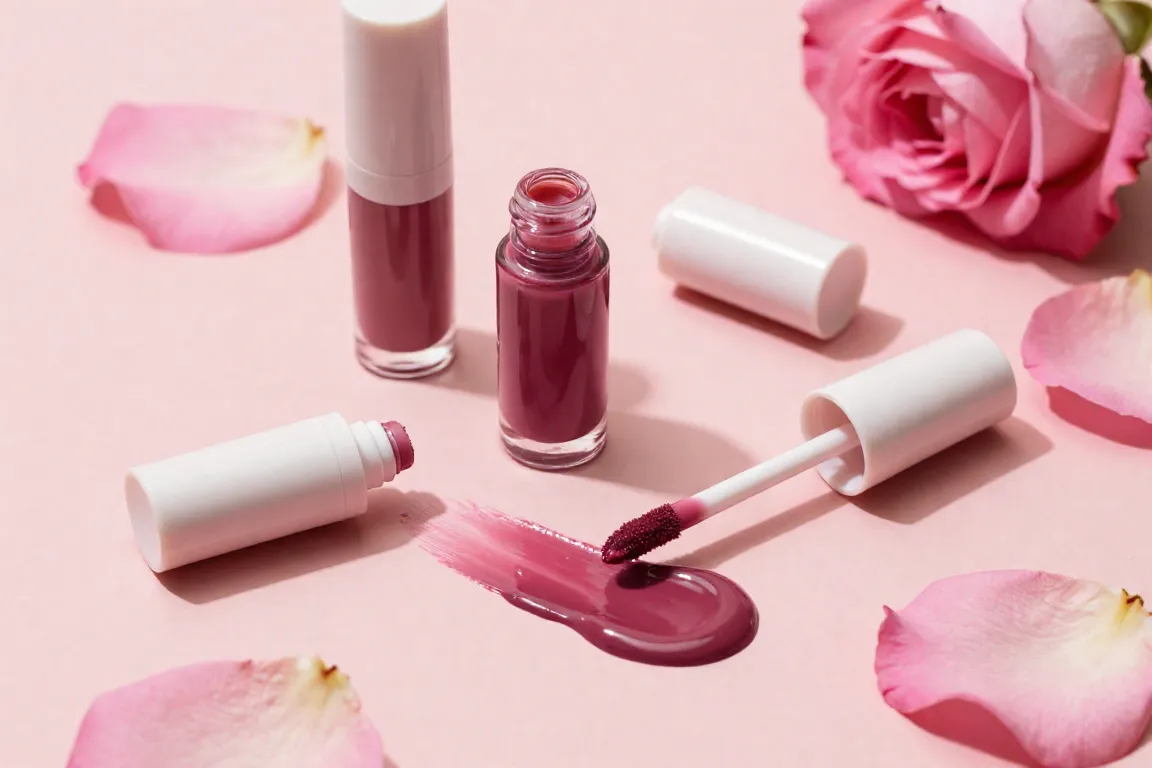 Hydrating clean beauty lip stain bottles with a berry liquid swatch on a dusty rose surface.