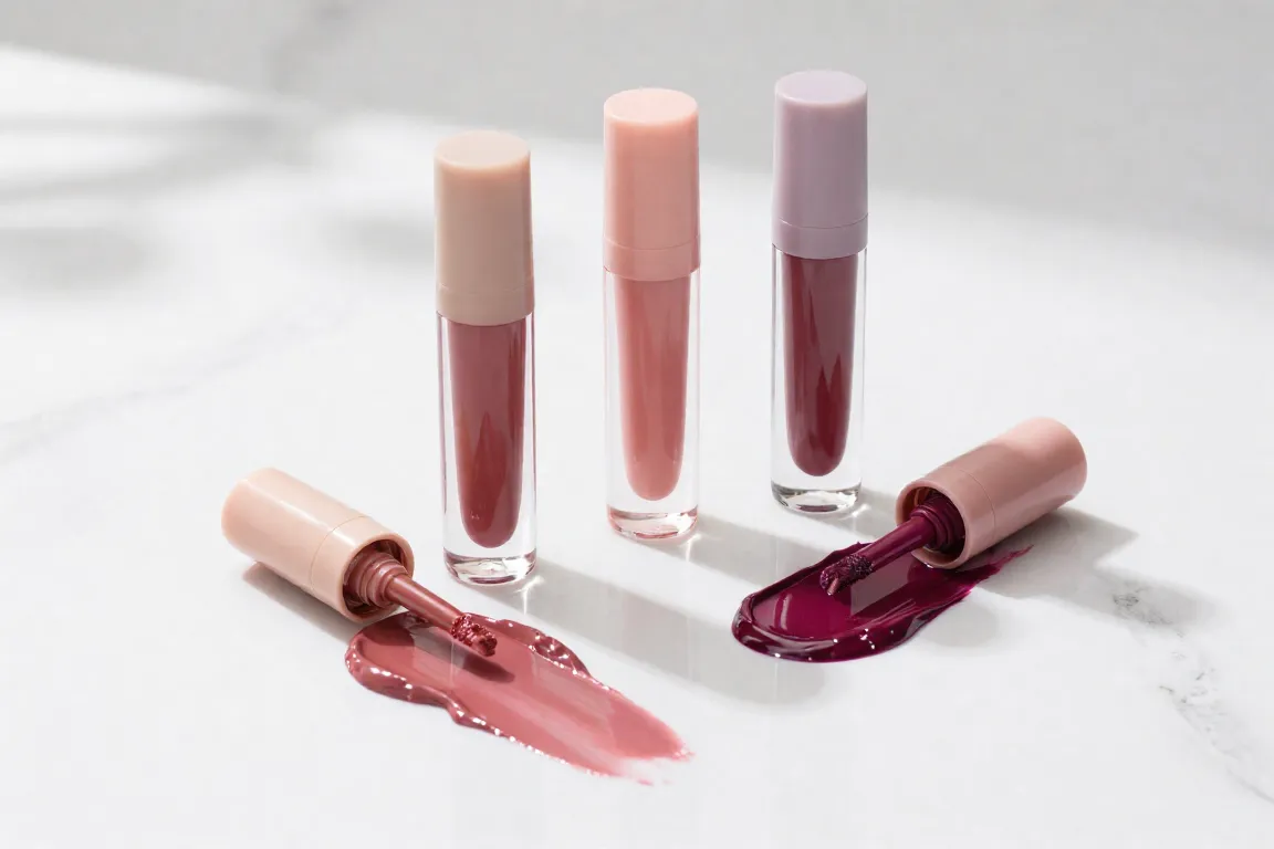 Nourishing peptide lip tint tubes with glossy color swatches on a marble background.