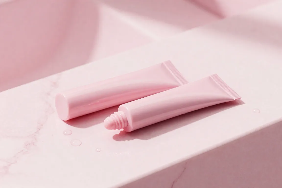 Peptide lip treatment tubes for dry lips displayed on a pastel marble background.