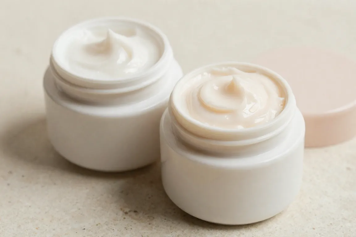 Rich peptide moisturizer in an open ceramic jar for skin barrier repair and hydration.