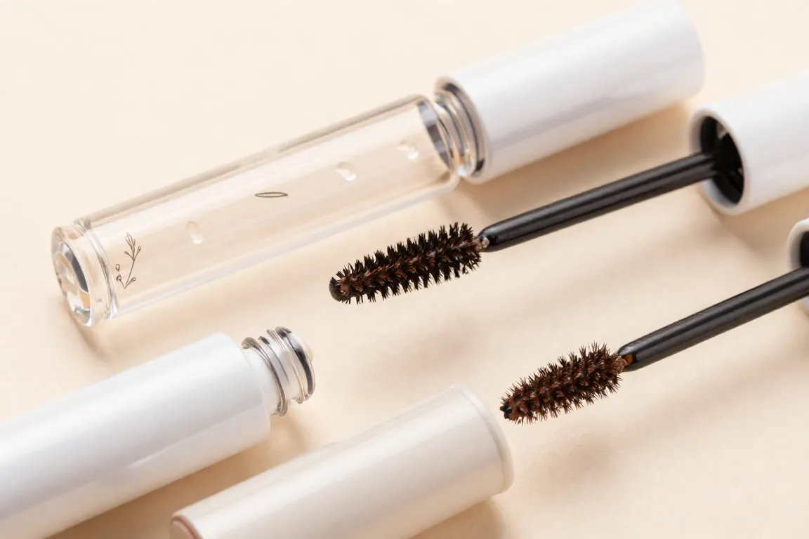 Clean eyebrow growth serum bottle with a clear spoolie applicator on a pastel vanity surface.