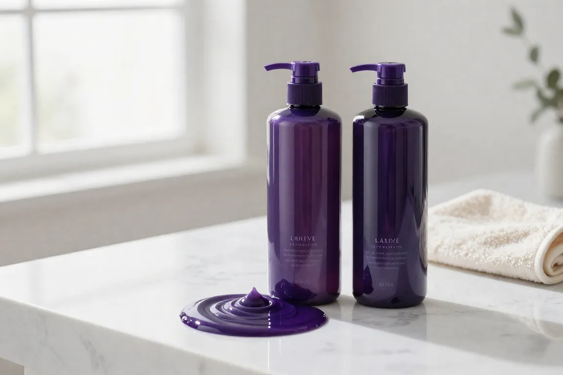 Bottles of purple shampoo for brassy blonde hair arranged on a marble bathroom counter.