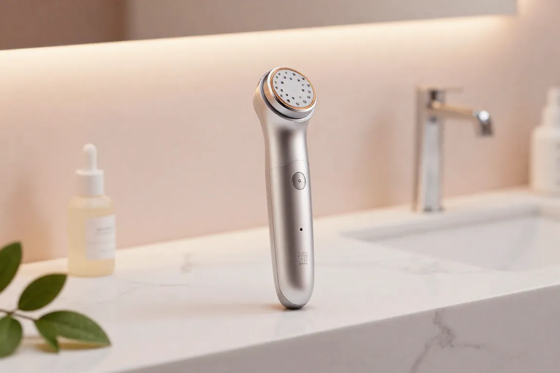 High-tech radio frequency skin tightening device placed on a marble bathroom counter with conductive gel.
