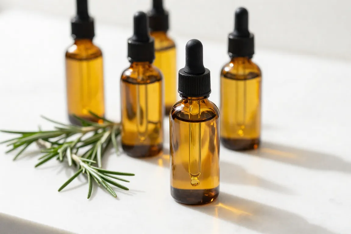 Amber glass dropper bottles of rosemary hair oil for scalp stimulation surrounded by fresh rosemary.