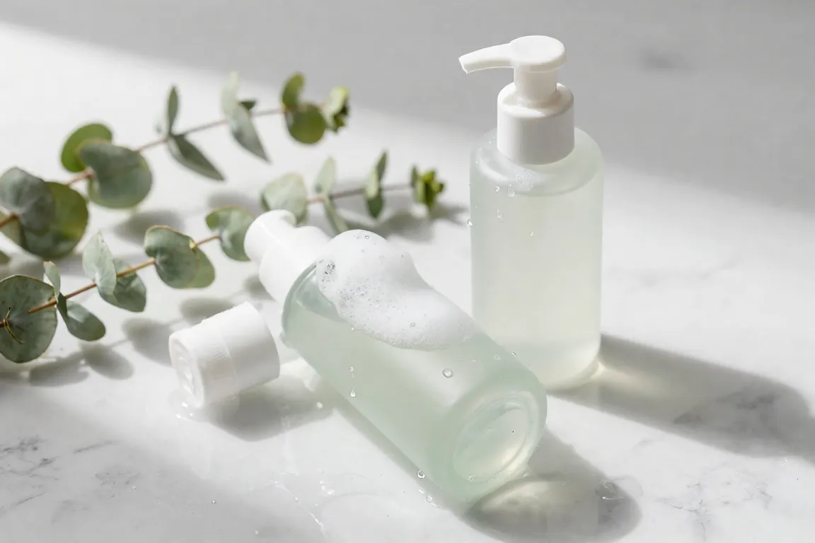 Salicylic acid foaming cleanser bottles for hormonal acne on a wet marble bathroom counter.