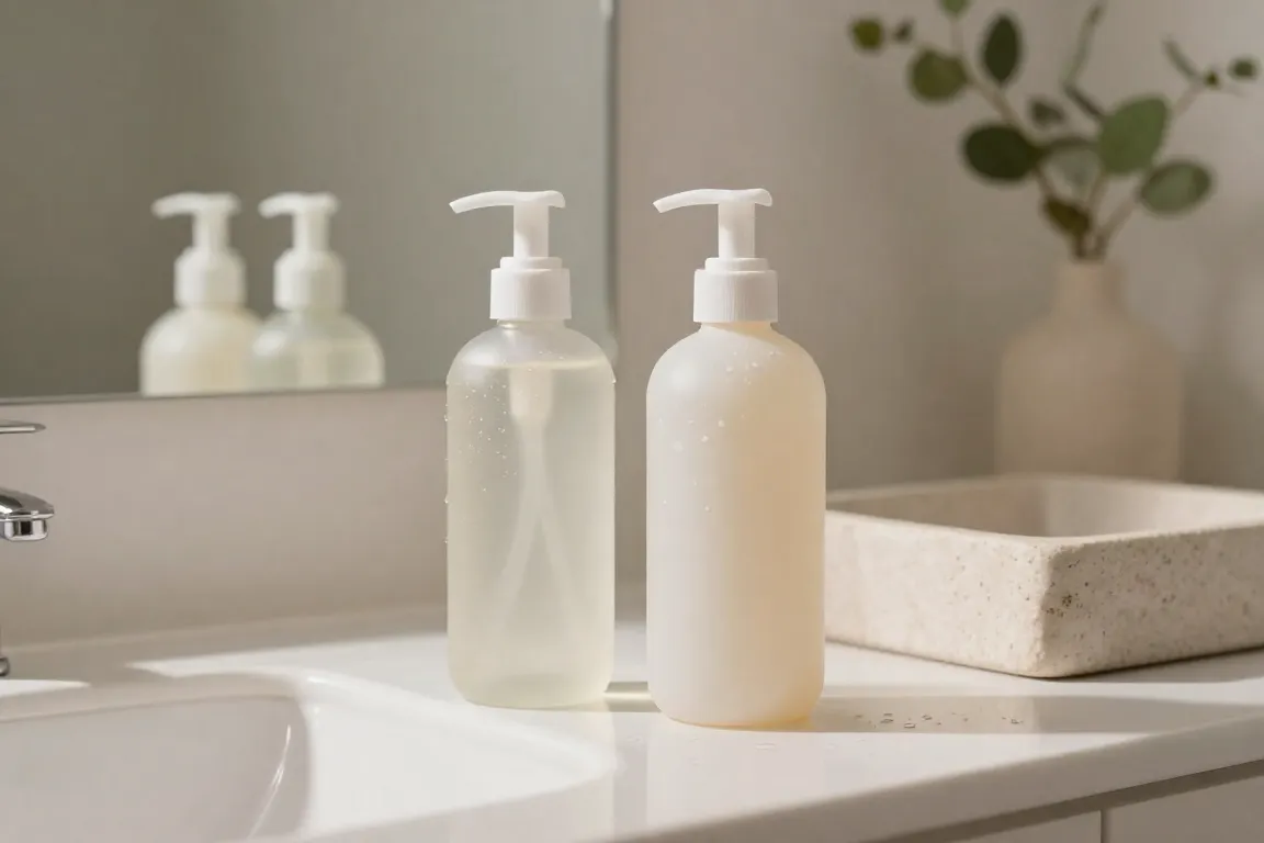 Clean salicylic acid face wash bottle for hormonal acne on a white marble bathroom vanity.