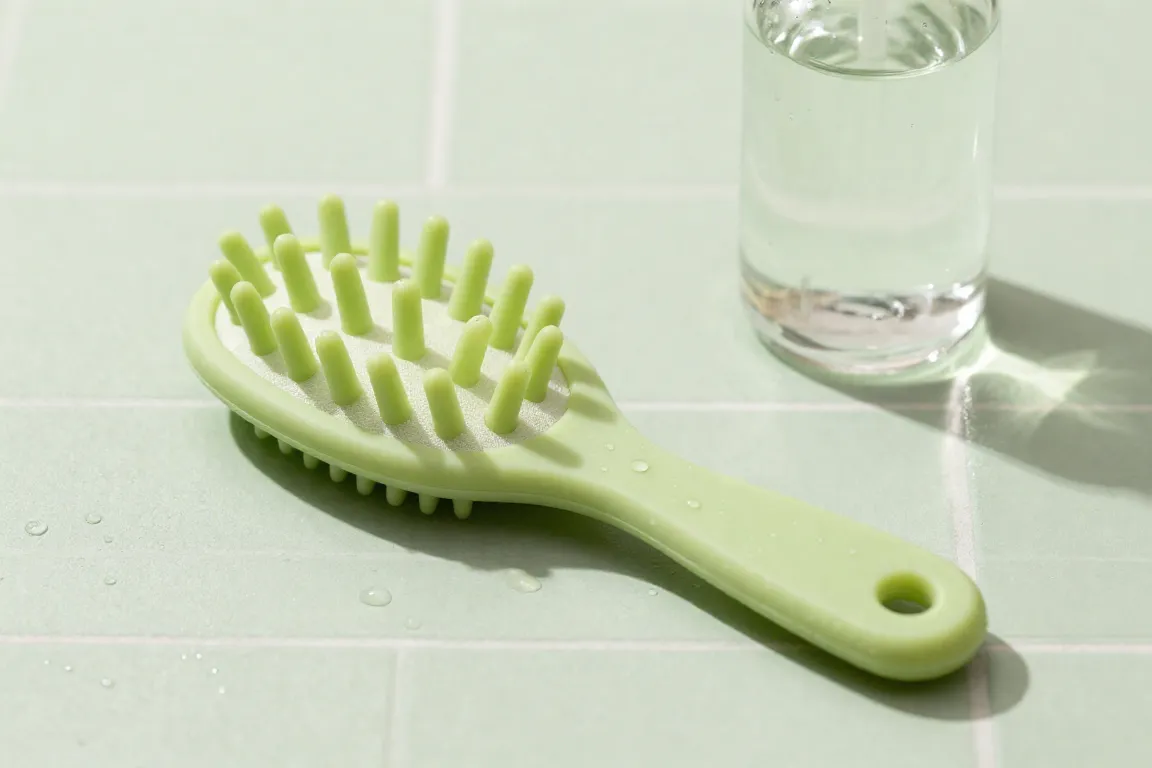 Soft silicone scalp massager brush for dandruff relief and hair growth on a spa tile surface.