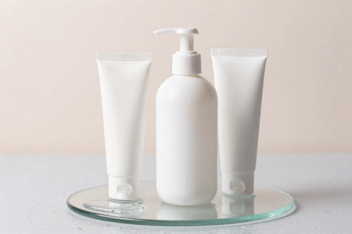Hydrating silicone-free face primers standing on a frosted glass tray with water droplets.
