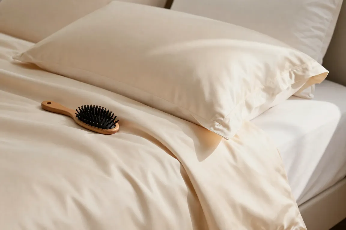 Champagne mulberry silk pillowcase on a bed designed to prevent hair breakage and frizz.