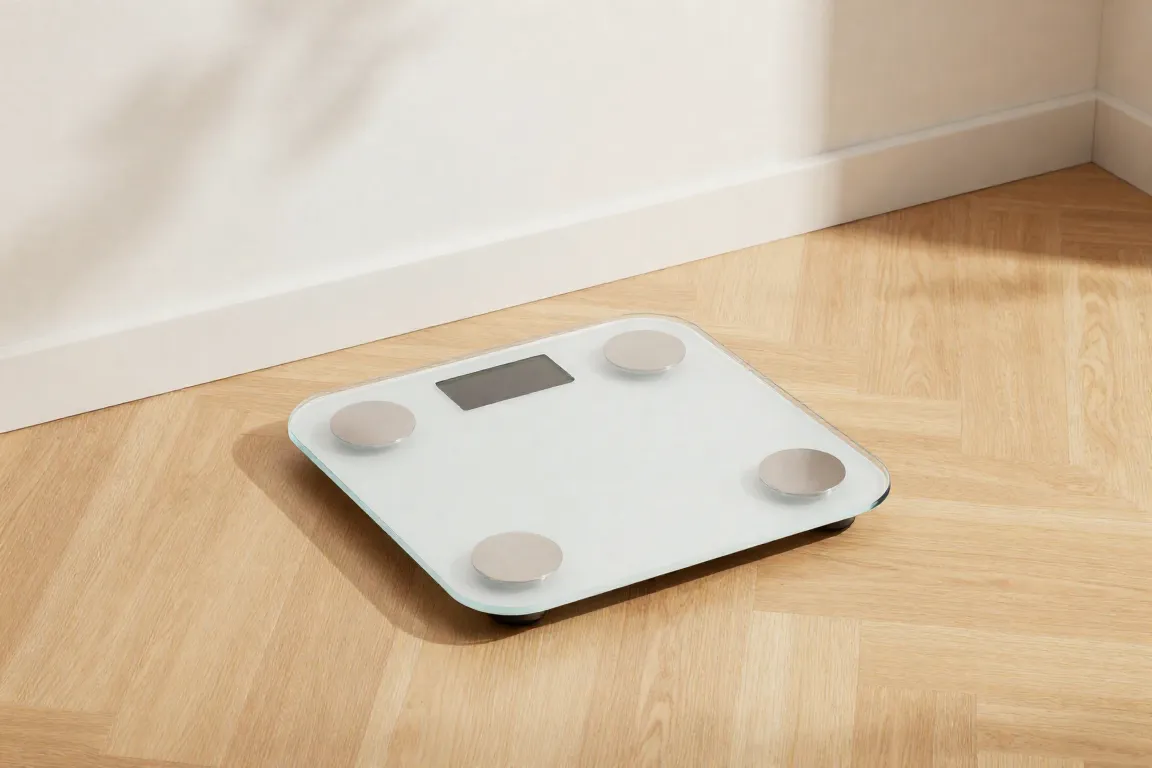 A sleek glass smart scale on a light oak floor measuring body fat and hydration.