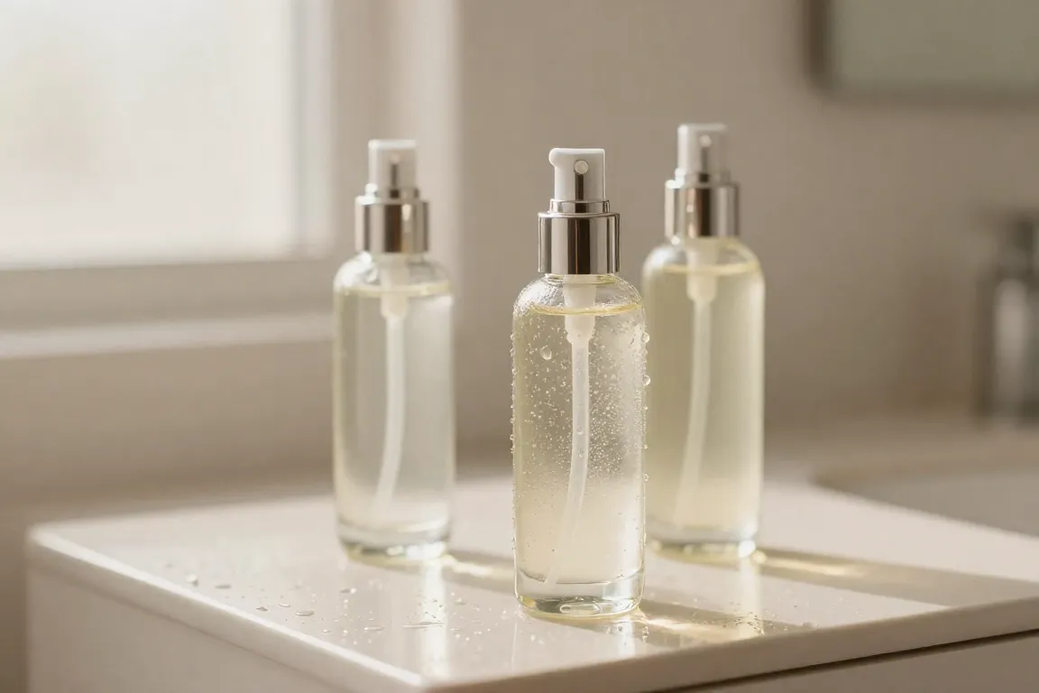 Bottles of snail mucin essence on a sunlit marble counter showcasing a glass skin dewiness.