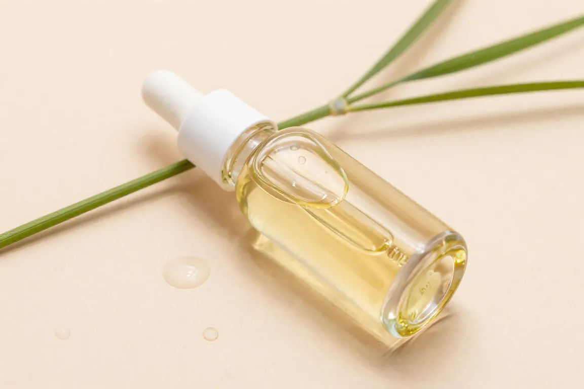 Glass dropper bottle of lightweight squalane facial oil displayed on a clean pastel surface with water droplets.