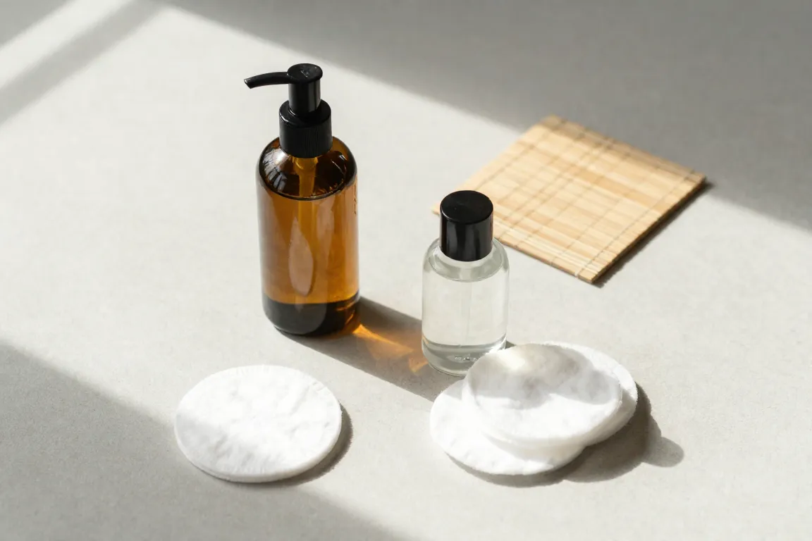 Clean makeup remover oil bottle and reusable cotton pads for heavy stage makeup removal.