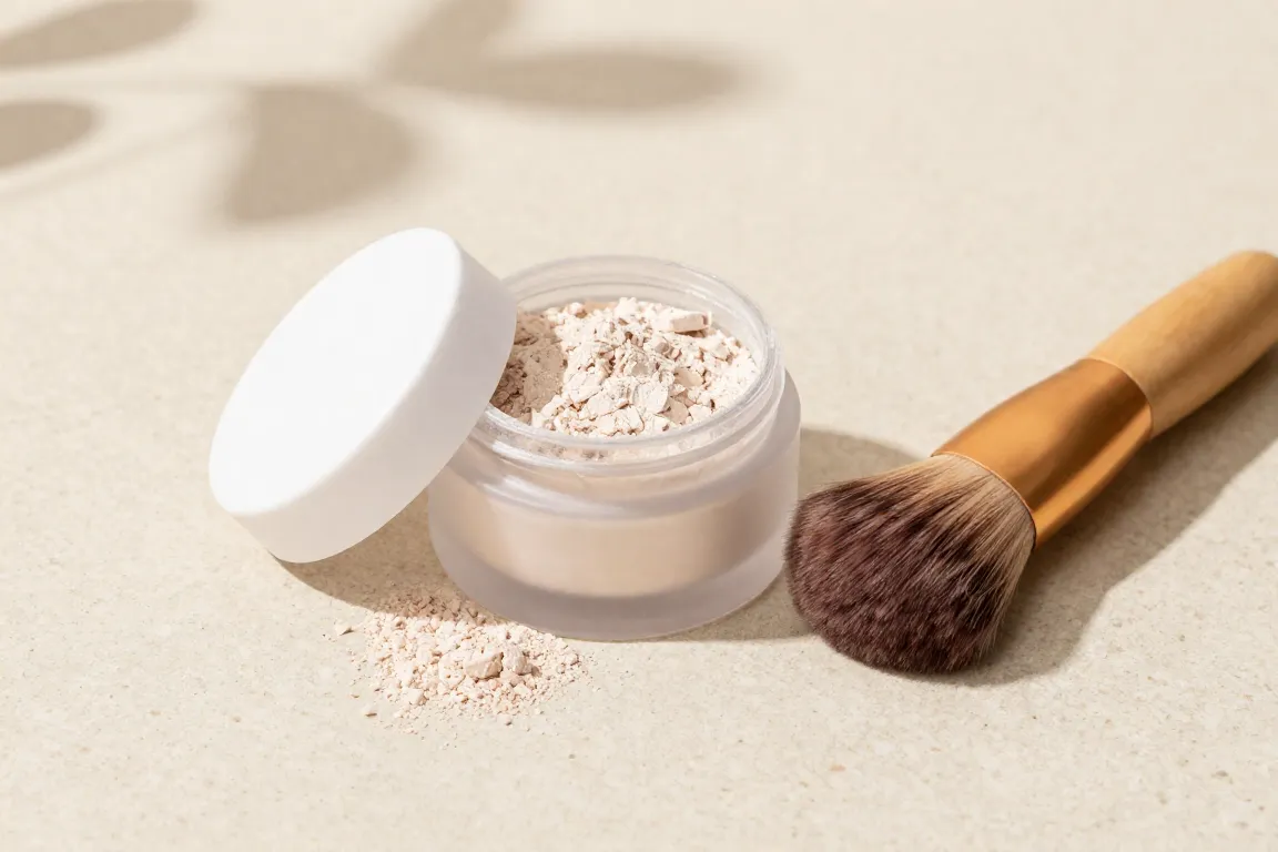 Jar of talc-free mineral setting powder with loose translucent powder and a makeup brush on stone.