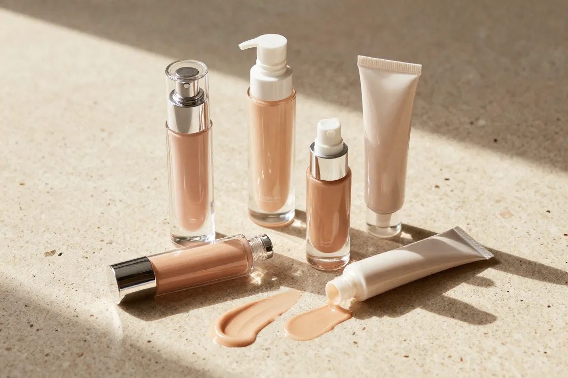 Clean tinted moisturizers for mature skin over 50 with hydrating makeup swatches on travertine stone.